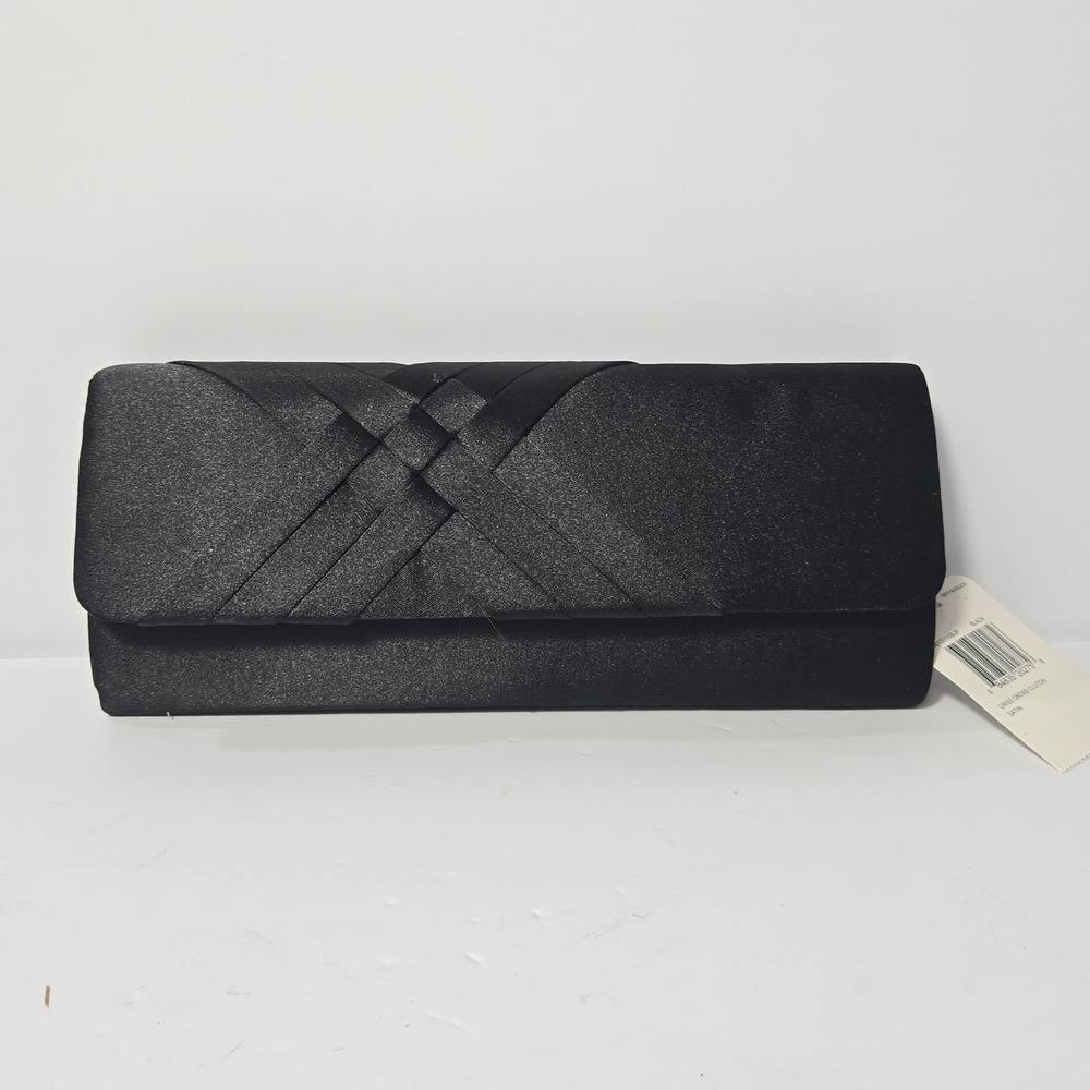 Jessica McClintock Gunne Sax Black Satin Criss Cross Clutch Evening Bag NWT